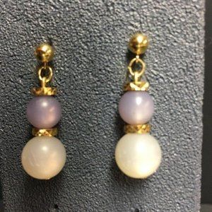Dangle Pierced Earrings Purple Frosty Gold Rhinestone Sparkle Retro BoHo